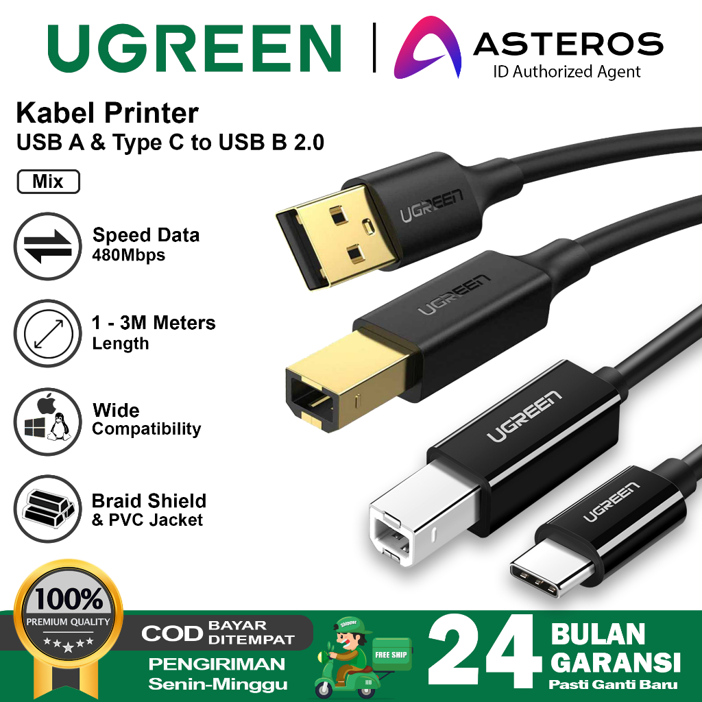 Jual UGREEN Kabel Printer Canon Epson USB 2.0 & USB C To Male USB B 2.0 ...