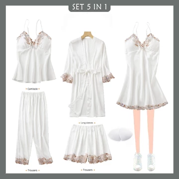 Piyama Set Baju Tidur Wanita BS 7799 Kimono 5 In1 Sexy Baju Rumah Sleepwear Satin Premium Mimon