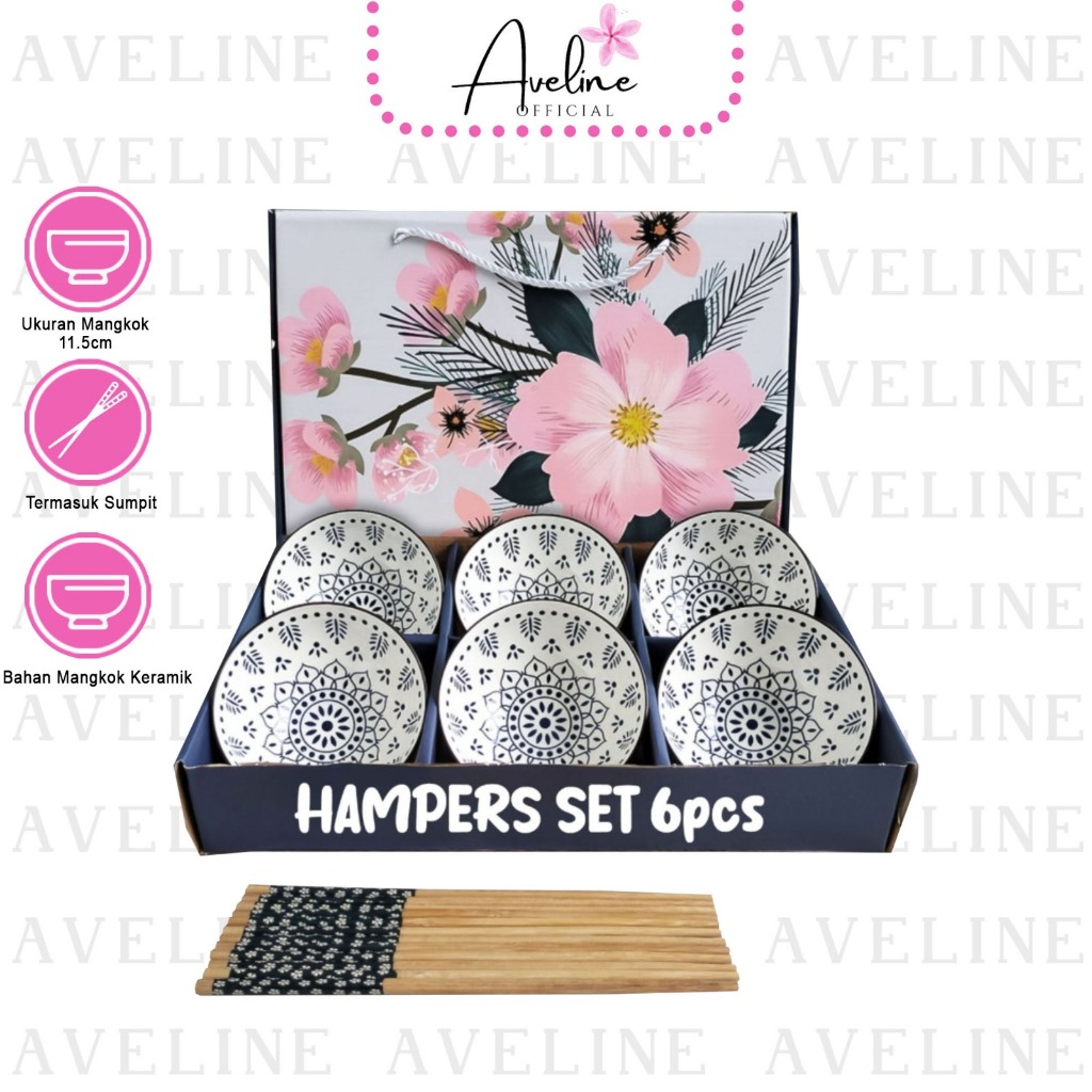 AVELINE [Hampers] Mangkok Set Besar isi 6 Piring Mangkok Keramik Hampers Mangkok Jepang Set Premium Peralatan Makan Souvenir Mangkok Set Japaness / Hampers Kado Mangkok Set / Souvenir Wedding