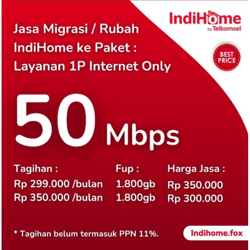 Jual MIGRASI INDIHOME PAKET 1P ONLY HIGH SPEED 50 MBPS