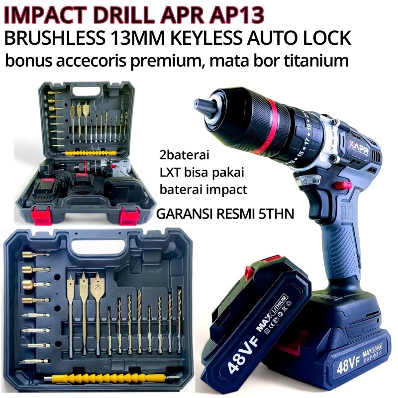 Jual APR AP13 Bor Impact Drill Cordless 13mm 48vf Brusless Keyless Chuk ...