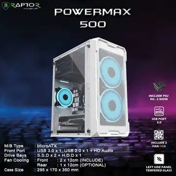 Jual Casing PC Raptor Power Max 500 White Include 2 Fan RGB | Shopee ...