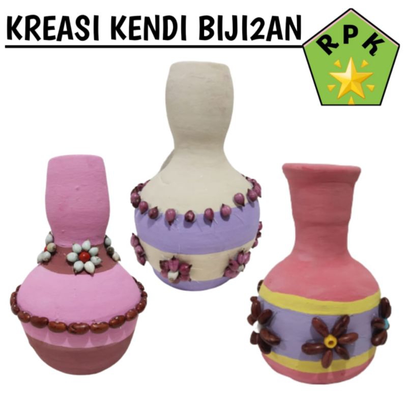 Kreasi vas bunga kendi diwarnai dan ditempel biji bijian