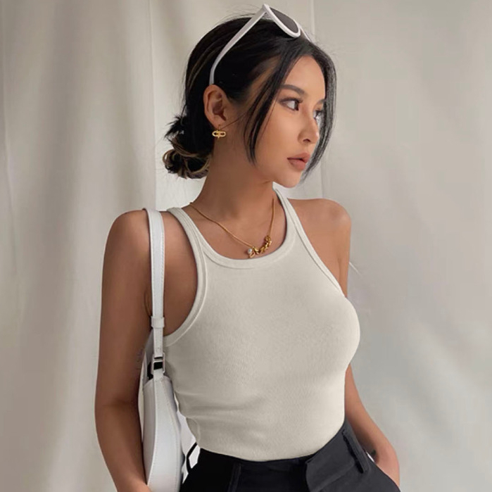 Jual [Premium] Round Neck Basic Plain Strap Knit Crop Tank Top 2420 (S ...