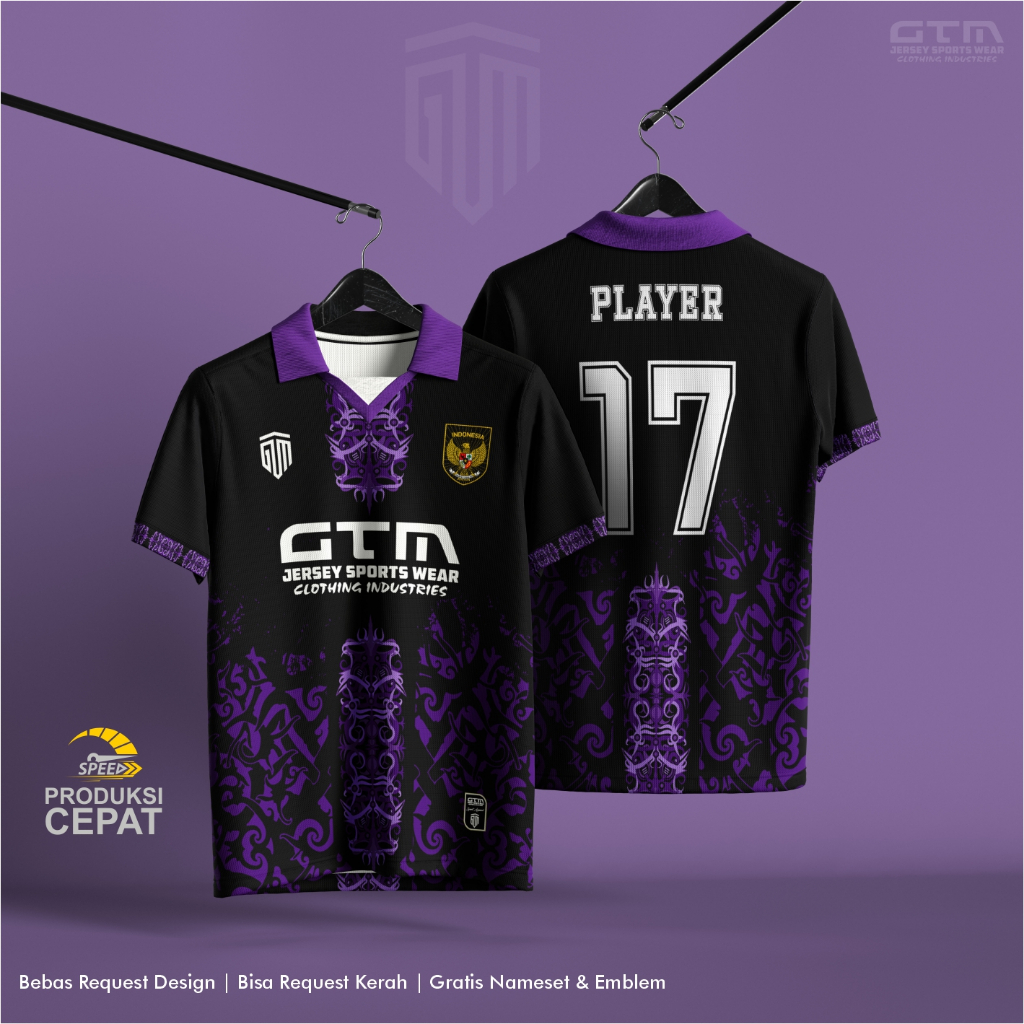 Jual JERSEY BOLA FUTSAL HITAM UNGU MOTIF BATIK KERAH RETRO FREE