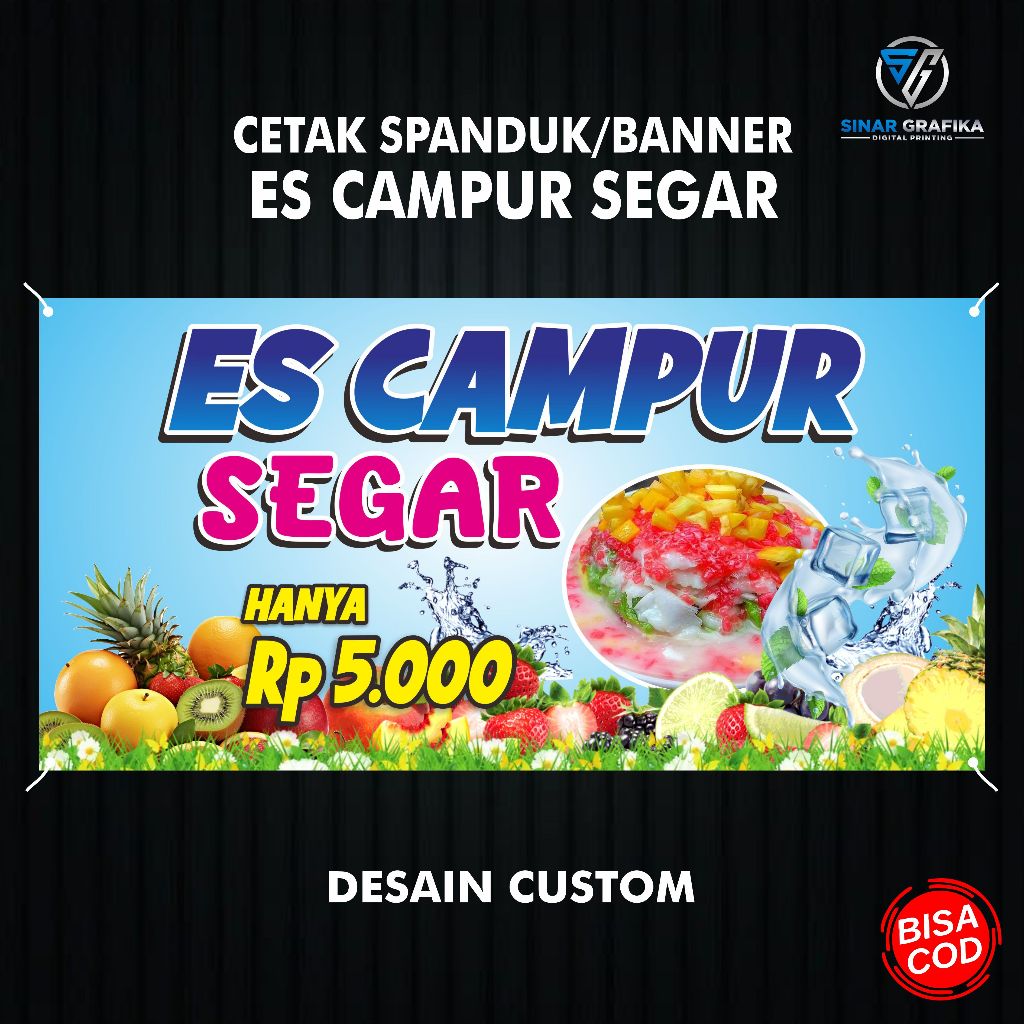 Jual Cetak spanduk ES CAMPUR, SOP BUAH, banner minuman ES CAMPUR, SOP