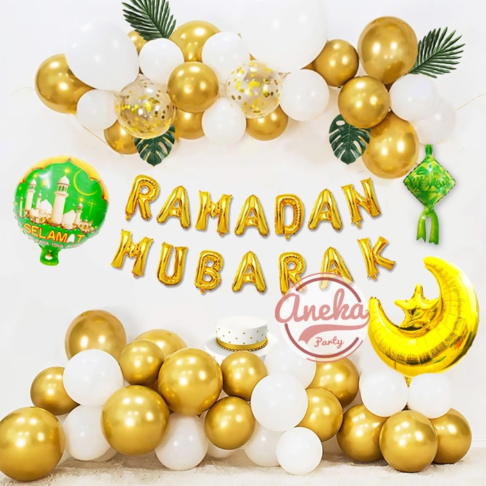 Jual set dekor ramadan mubarak Gold / paket dekorasi balon lebaran eid ...