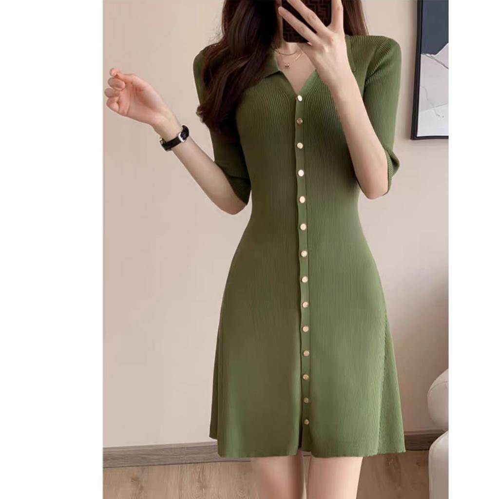 Jual TM D8210 Dress Elsa knitted button mini dress shirt import ...