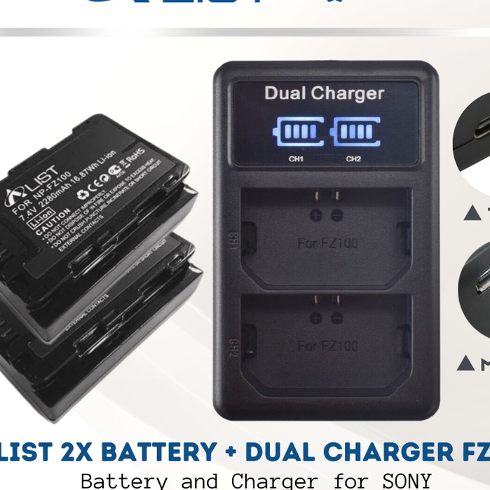 Batteria Wikinu NP-FZ100 2280mAh Con Ricarica USB-C Per Sony A7 IV, A7R V, A7S III, ZV-E1, FX3, A6600 E A9