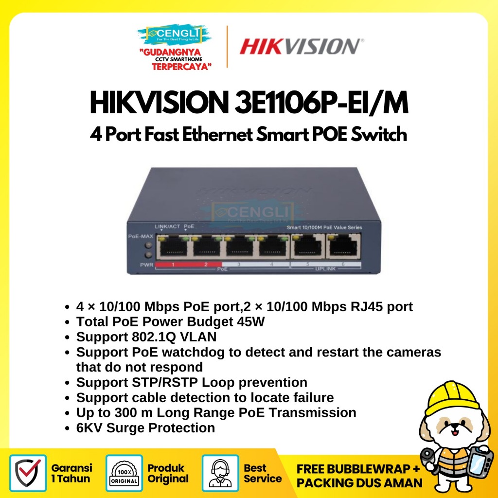 Jual Switch POE Hikvision DS-3E1106P-EI/M 2 rj45 port Smart PoE 4 Port ...