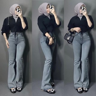 Celana Jeans Cutbray Abu Grey Wanita Highwaist Terbaru 2024 Bahan Melar