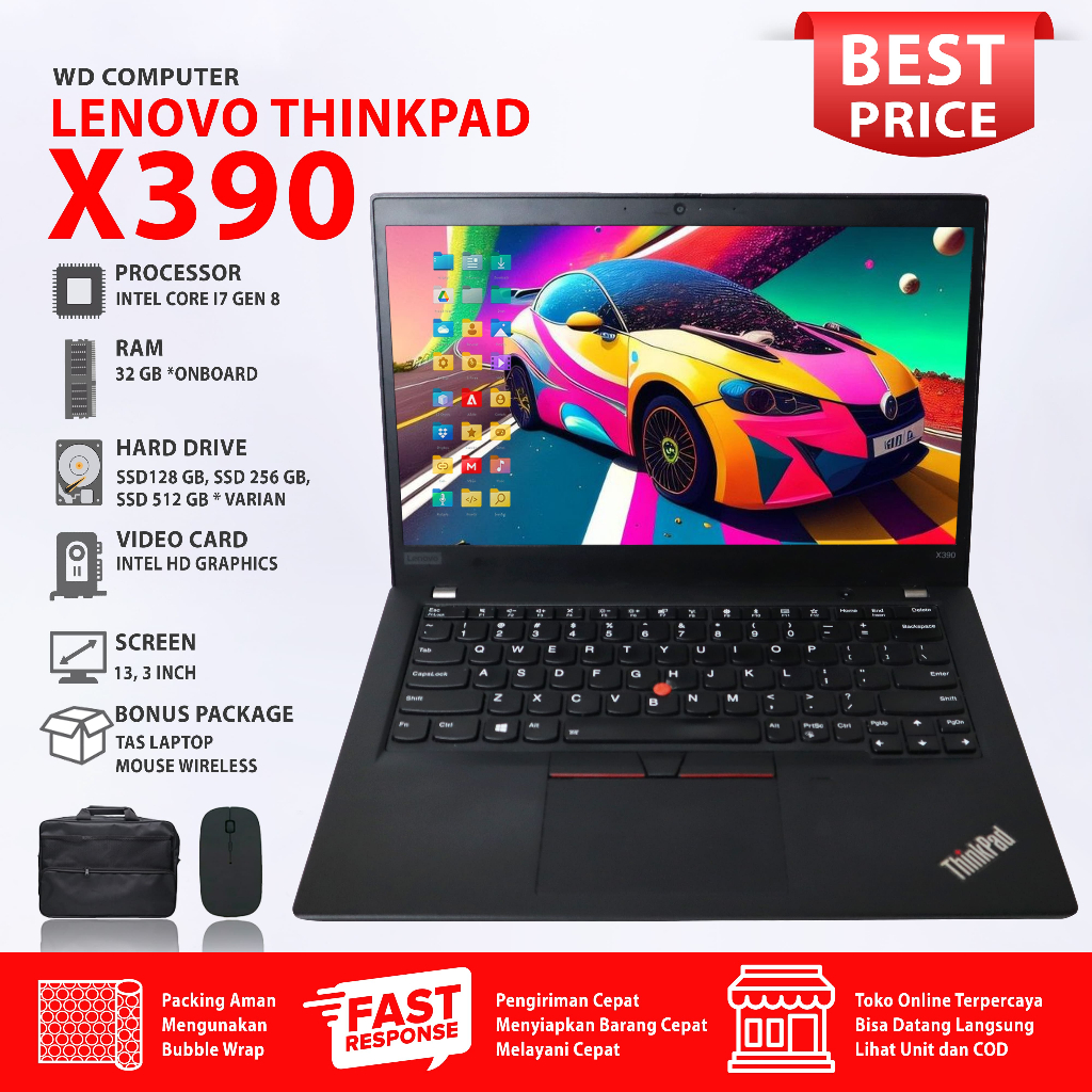 Jual Laptop Lenovo Thinkpad X390 Intel I7 Gen 8 Ram 32gb Onboard Layar 13inch Hitam Bonus Tas