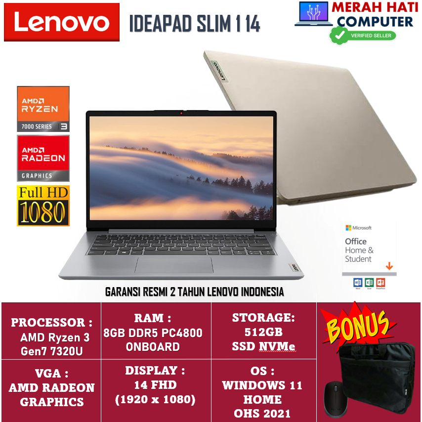 Jual Laptop Slim Terbaru Lenovo Ideapad Slim 1 14 AMD Ryzen 3 7320U 8GB