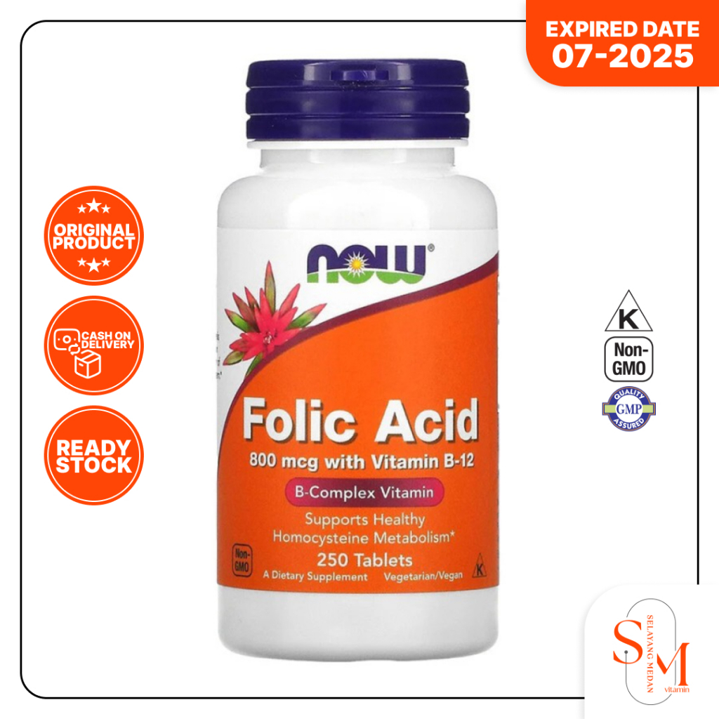 Jual Vitamin Now Foods Folic Acid 800mcg 250 Tablets Asam Folat Promil Bumil Pembentukan Sistem ...