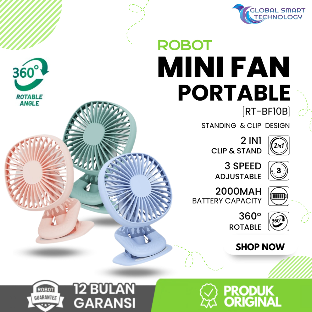 Jual ROBOT RT-BF10B Mini Fan Kipas Angin Portable Clip & Stand 3 Speed ...