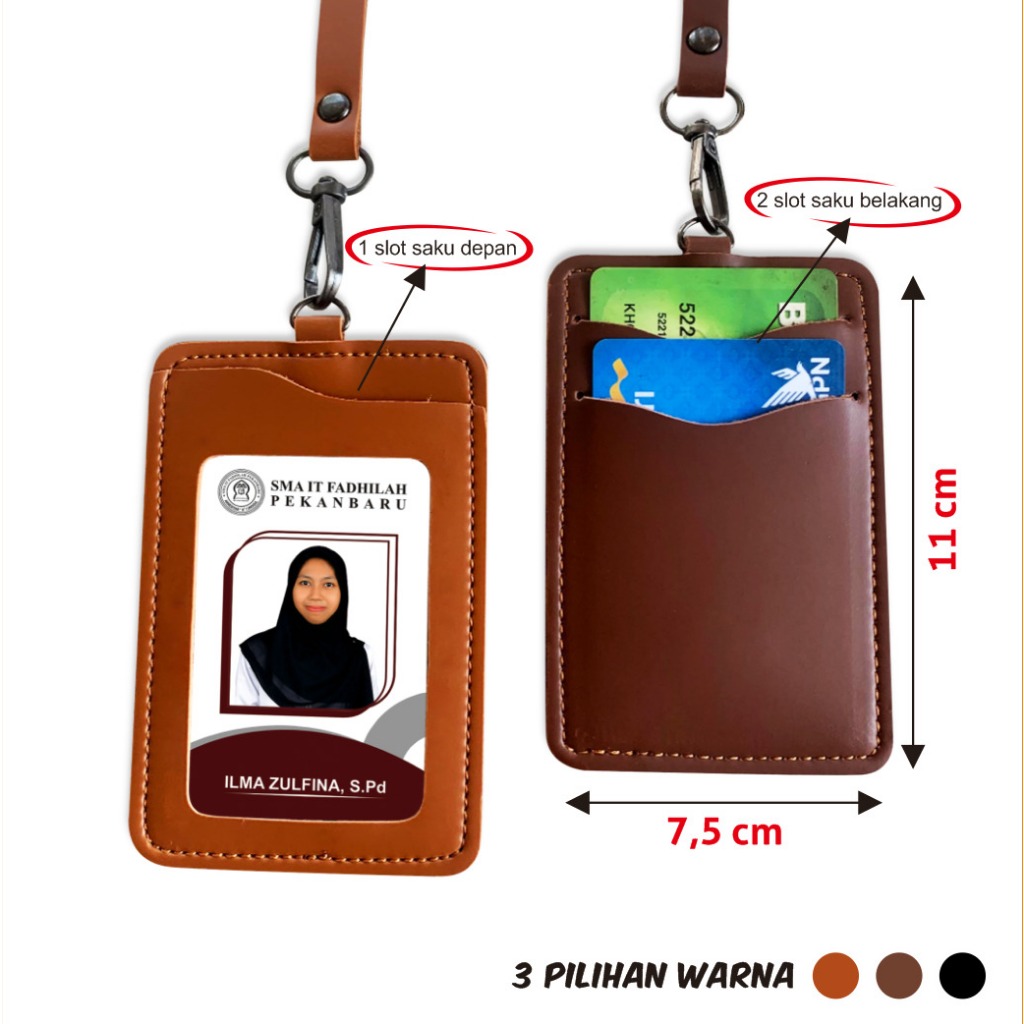 Jual Name Tag ID Card Kulit Holder Name Tag Lanyard Kulit 3 Slot Kartu ...