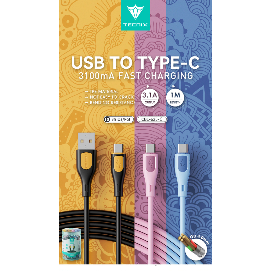Jual Tecnix CBL-625C 1 Toples Kabel Data USB Type C Fast Charging 3.1A ...