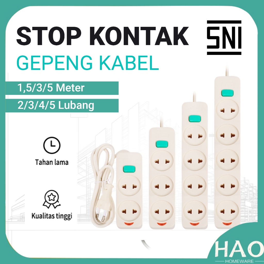 Stop Kontak Kabel 2/3/4/5 Lubang&1.5/3/5M/STOP KONTAK GEPENG SNI/CAHAYA SC-752/3/4/5