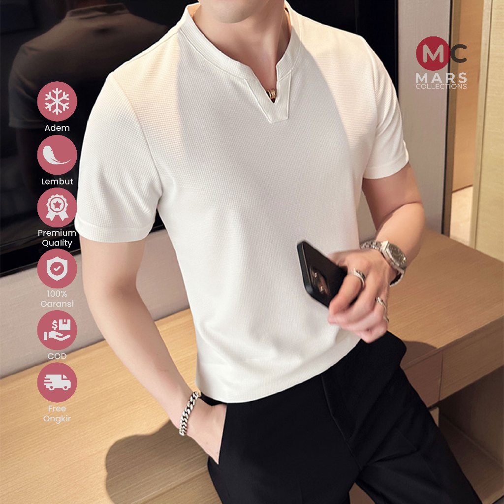 Jual Kaos Kerah V Neck Pria Lengan Pendek Casual Putih Waffle knit