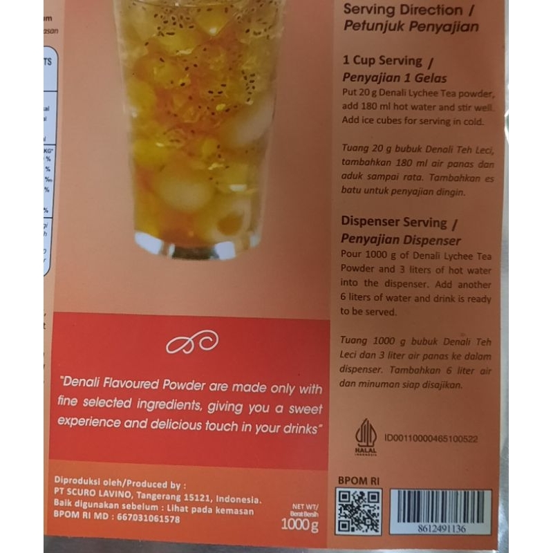 Jual Denali / DenalI LYCHEE TEA 1000 gram / 1 kg ( minuman serbuk teh ...
