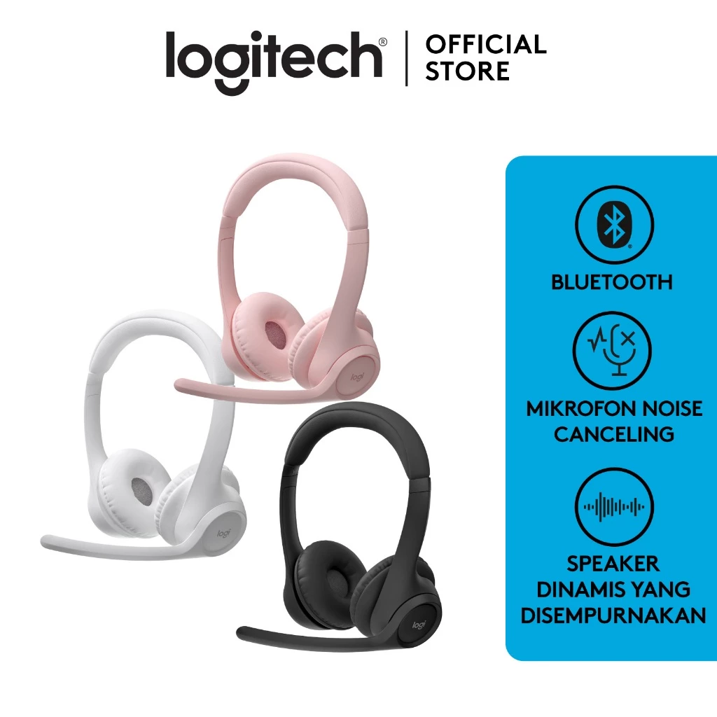 Logitech Zone 300 Headset Bluetooth Wireless, Mikrofon Noise-Canceling, Kompatibel untuk Windows, Mac, Chrome, Linux, iOS, iPadOS
