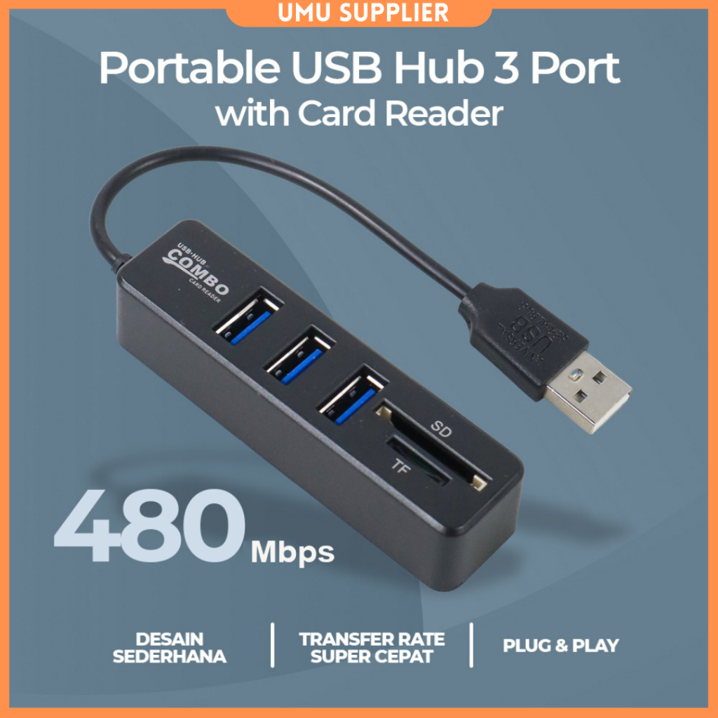 Jual (UMU SUPPLIER) PORTABLE USB HUB 3 PORT WITH CARD READER PC LAPTOP ...