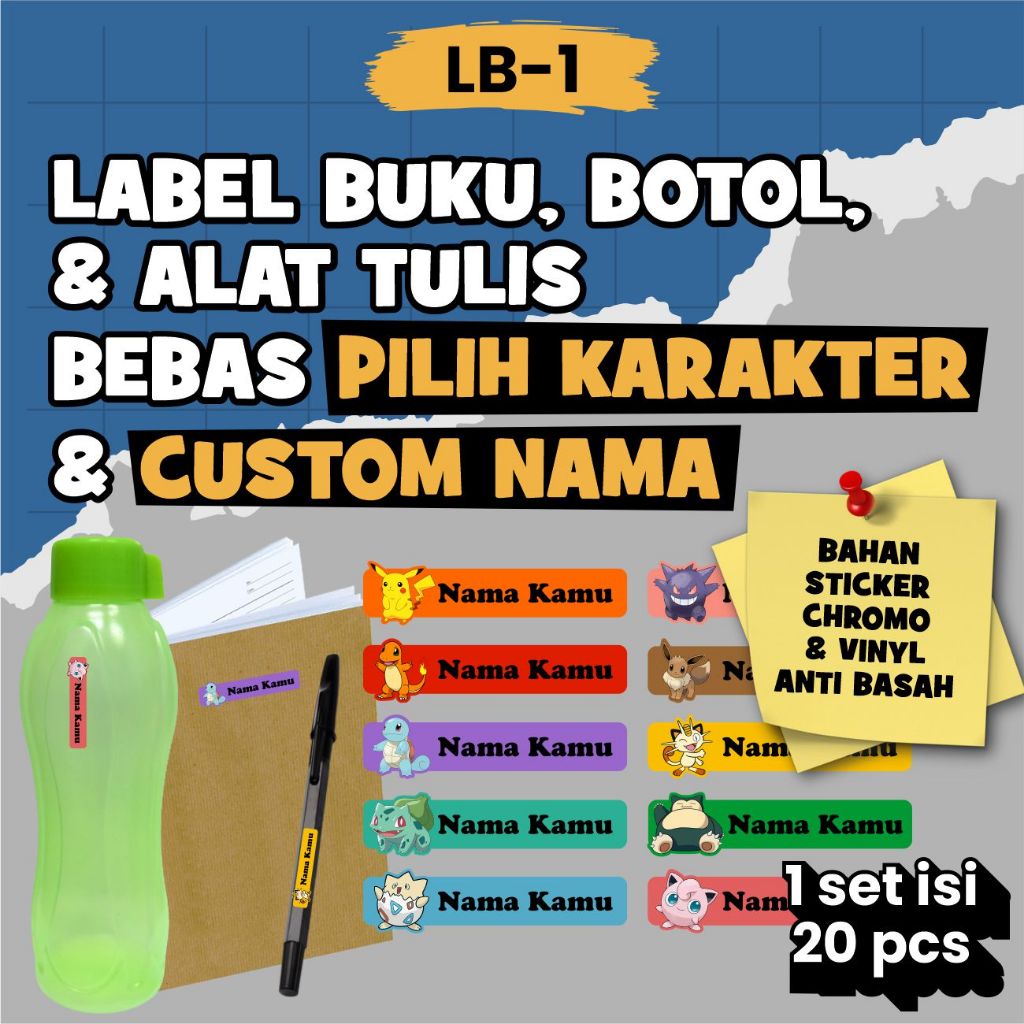 Jual Stiker Tempel Label Nama Buku Anak Karakter Game Pokemon Isi 20pcs