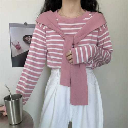 Jual Alika stripe atasan rajut wanita model syal menyatu/sweater rajut ...