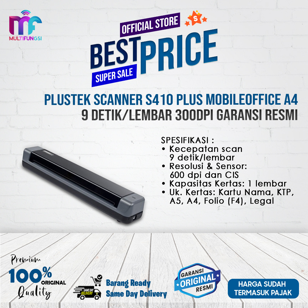 Jual Plustek Scanner S410 Plus MobileOffice A4 9 Detik/Lembar 300dpi ...