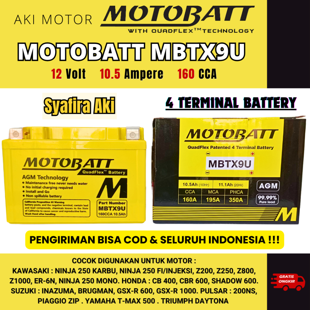 Aki Motor KTM Duke,Ninja 250,Kawasaki ER6 Motobatt ,Bandit,Minerva Motobatt Mbtx9u 10,5Ah