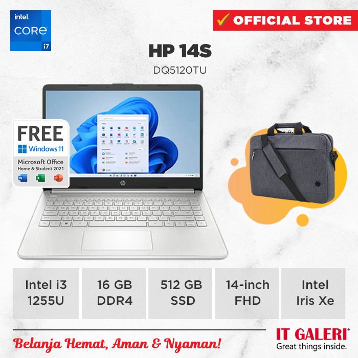 HP 14s dq5120tu 8T6W3PA Core i7 1255U 16GB 512GB Iris Xe W11 OHS Silver