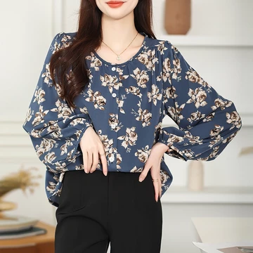 High Quality Fabric Red Blue Loose Sleeved Shirt Blouses For Women Fashion Korean Blus Longgar