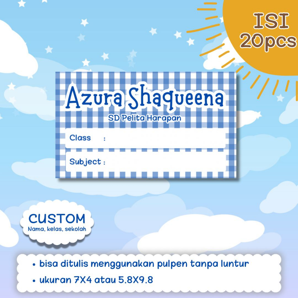 Jual 20pcs Azurakids Sticker Custom Nama Buku Mata Pelajaran Anak Edisi ...