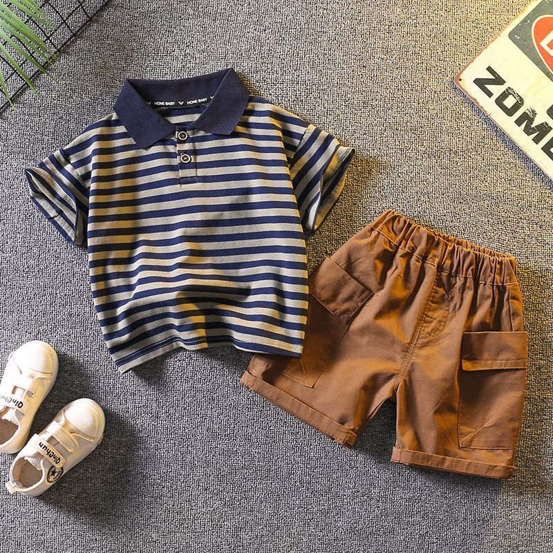 0-5tahun setelan jas anak laki Musim panas Garis-garis kaos polo set pakaian bayi katun casual Korea