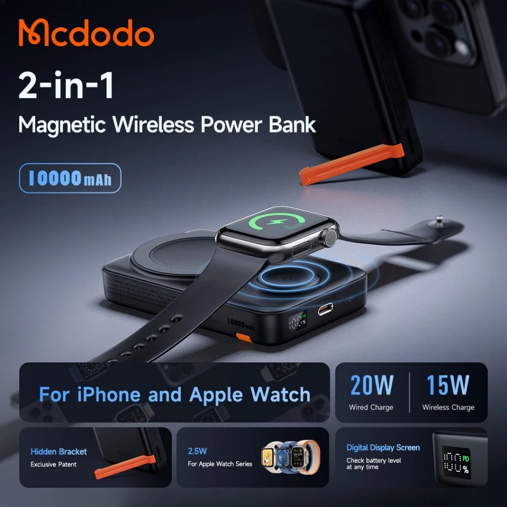 MCDODO Powerbank 2in 1 Magnetic + Charger For Apple Watch Wireless Charging 10.000Mah