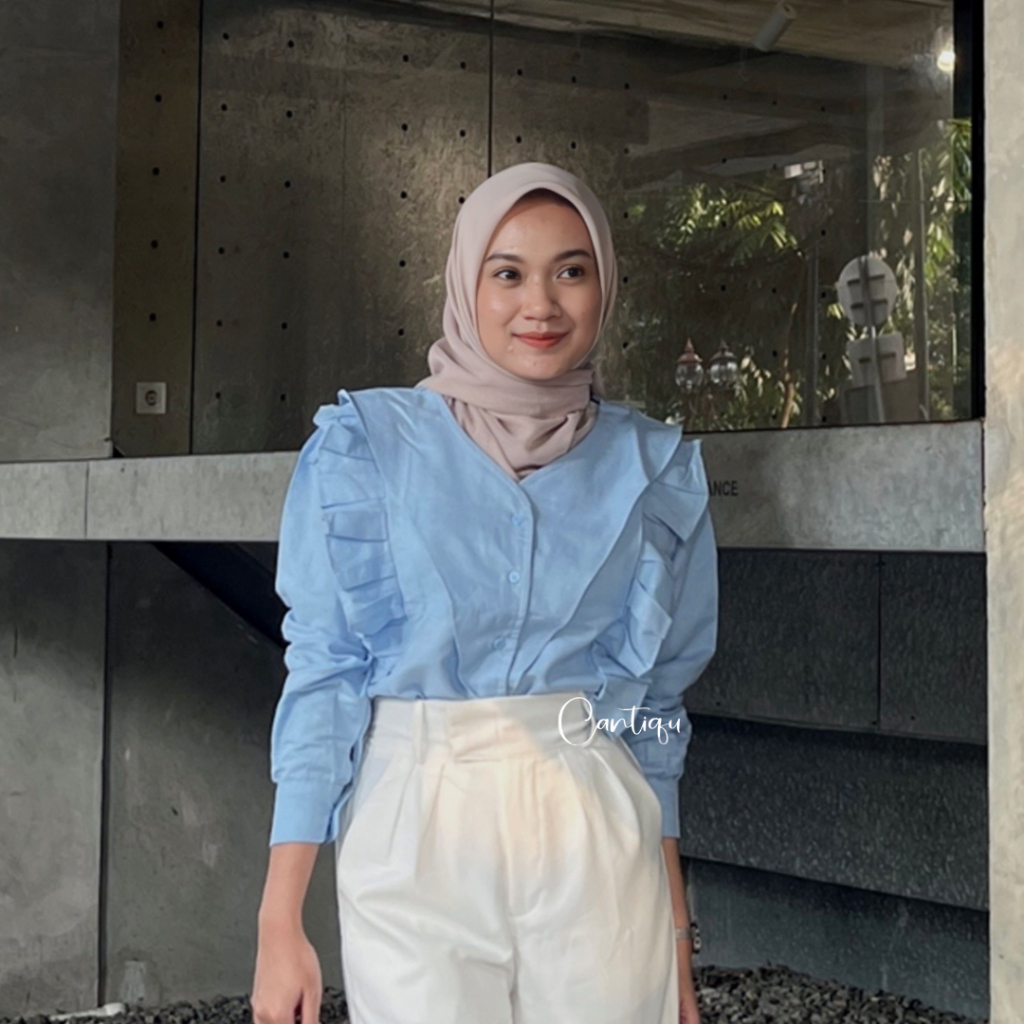 Jual Cantiqu - Noya Blouse Linen Atasan Wanita Ruffle Polos | Shopee ...
