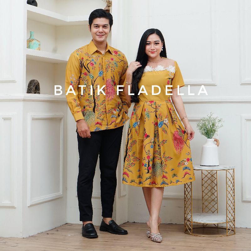 Jual Dress batik couple pesta dress midi kuning | Shopee Indonesia