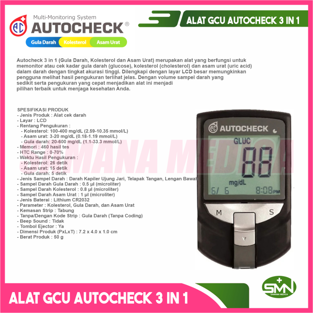 Jual Alat GCU Autocheck 3 in 1 Alat Tes Gula Darah - Kolesterol - Asam ...