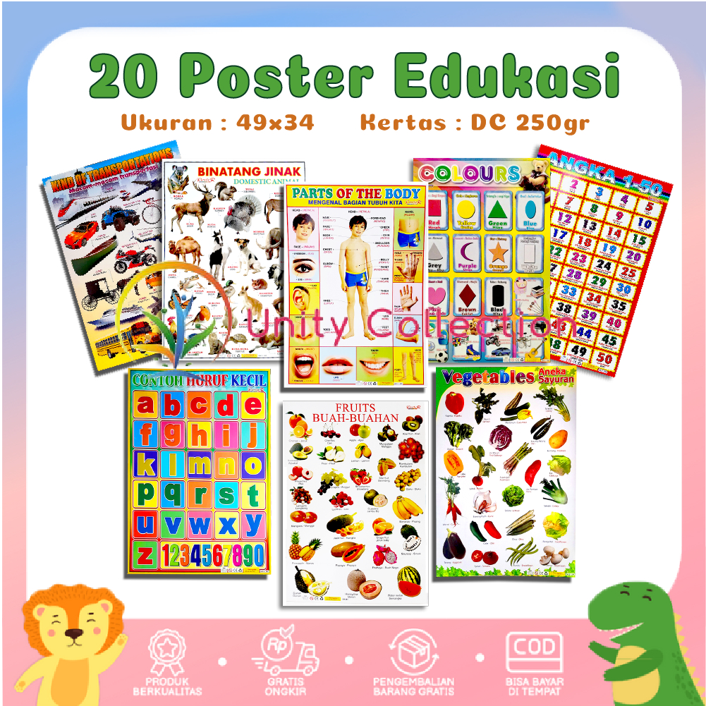 Jual Paket 20 Poster Dinding Anak Edukasi Belajar Huruf ABC Angka Buah ...