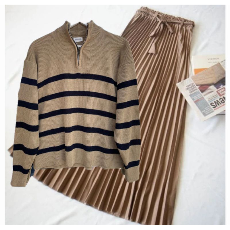Jual ONE SET ROK + ATASAN POLO CROP RAJUT KNIT KEKINIAN MOTIF SALUR ...