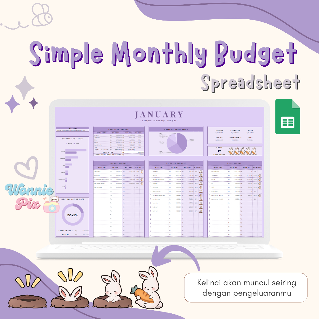Jual Simple Monthly Budget - Cute Bunny | Budget Planner Spreasheet ...