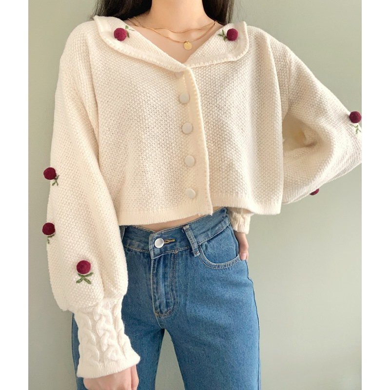 Jual Keely Daily - Elodie Floral Embroidery Knit Cardigan cardi rajut ...
