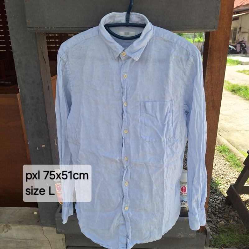 Jual kemeja linen biru unqlo second | Shopee Indonesia