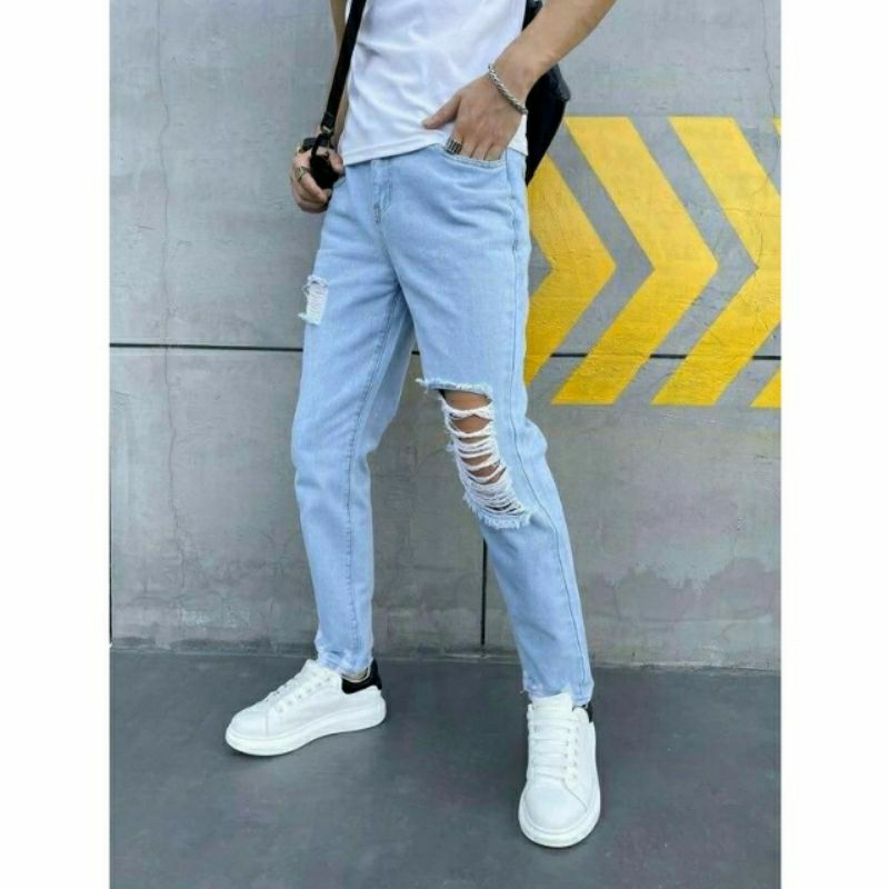 Jual Celana Sobek Pria Ripped Jeans Robek Standar Reguler Jins Basic