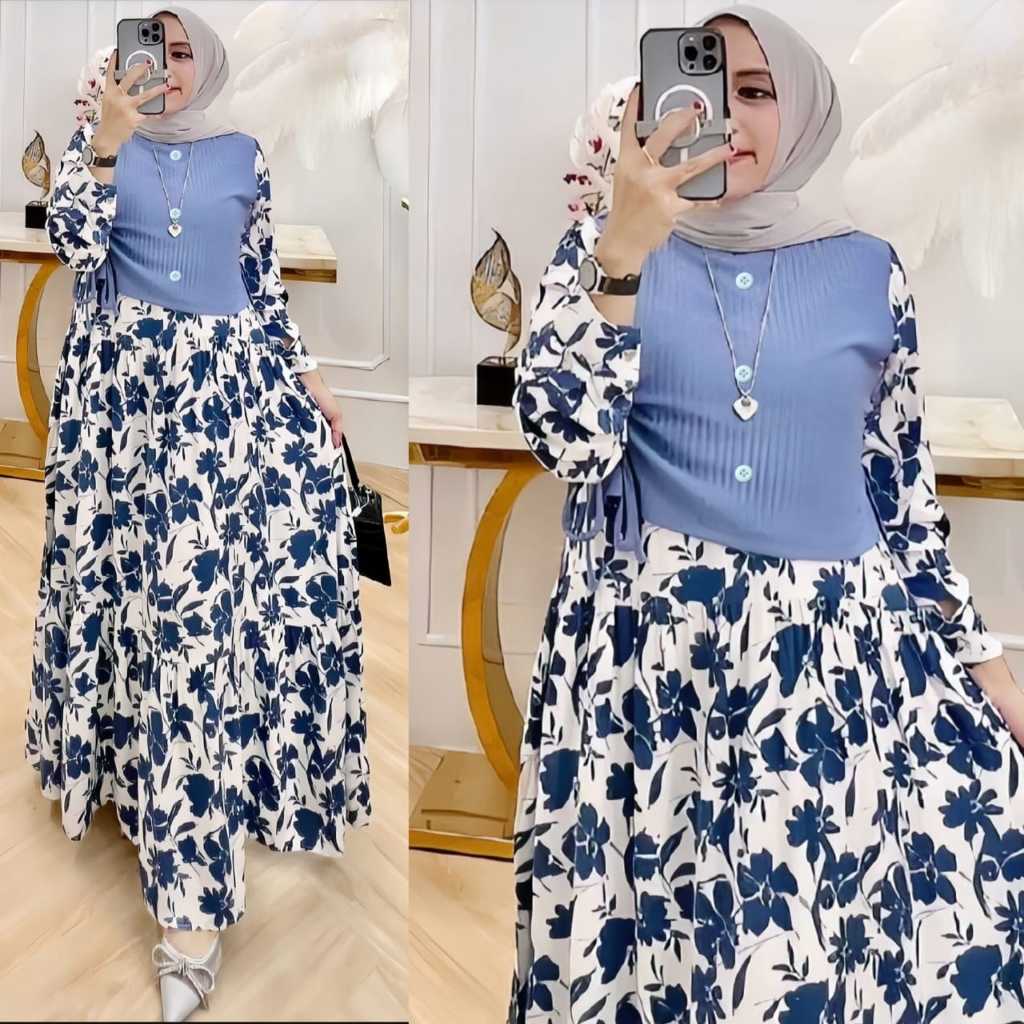 Jual AUREL MIDI DRESS KNIT IMPORT KOMBINASI CRINKLE ALEVA MOTIF BUNGA  TERBARU | Shopee Indonesia