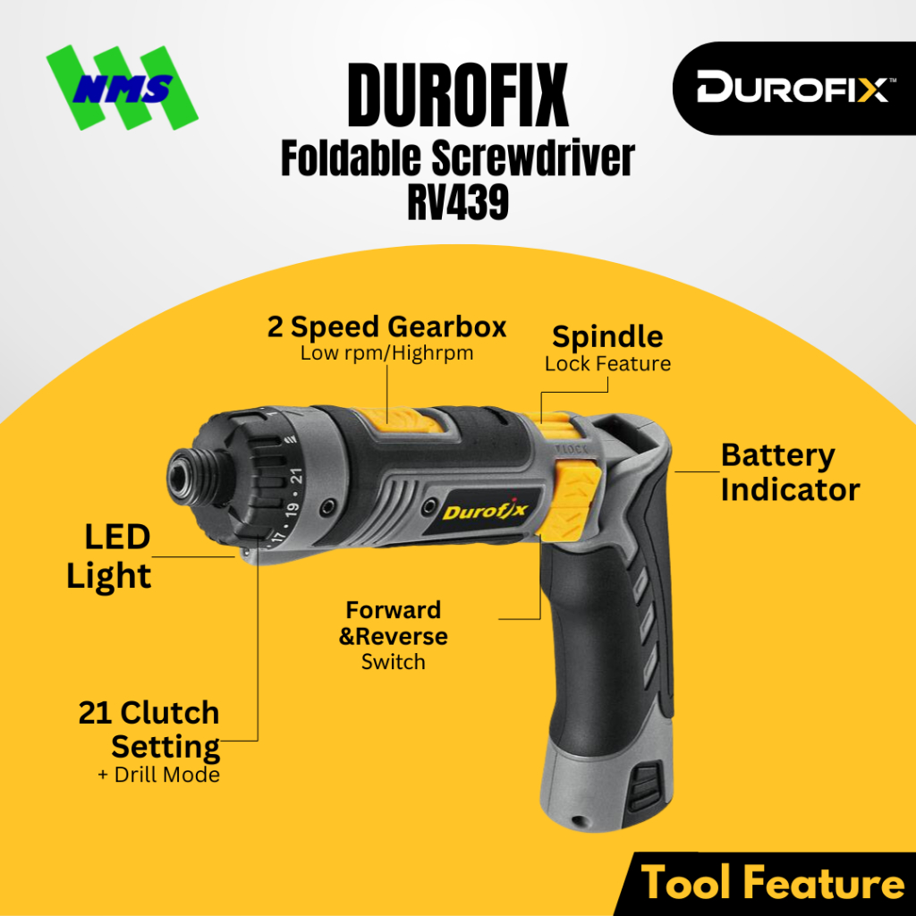 Jual Durofix RV439 Foldable Cordless Screwdriver / Bor Obeng Baterai ...
