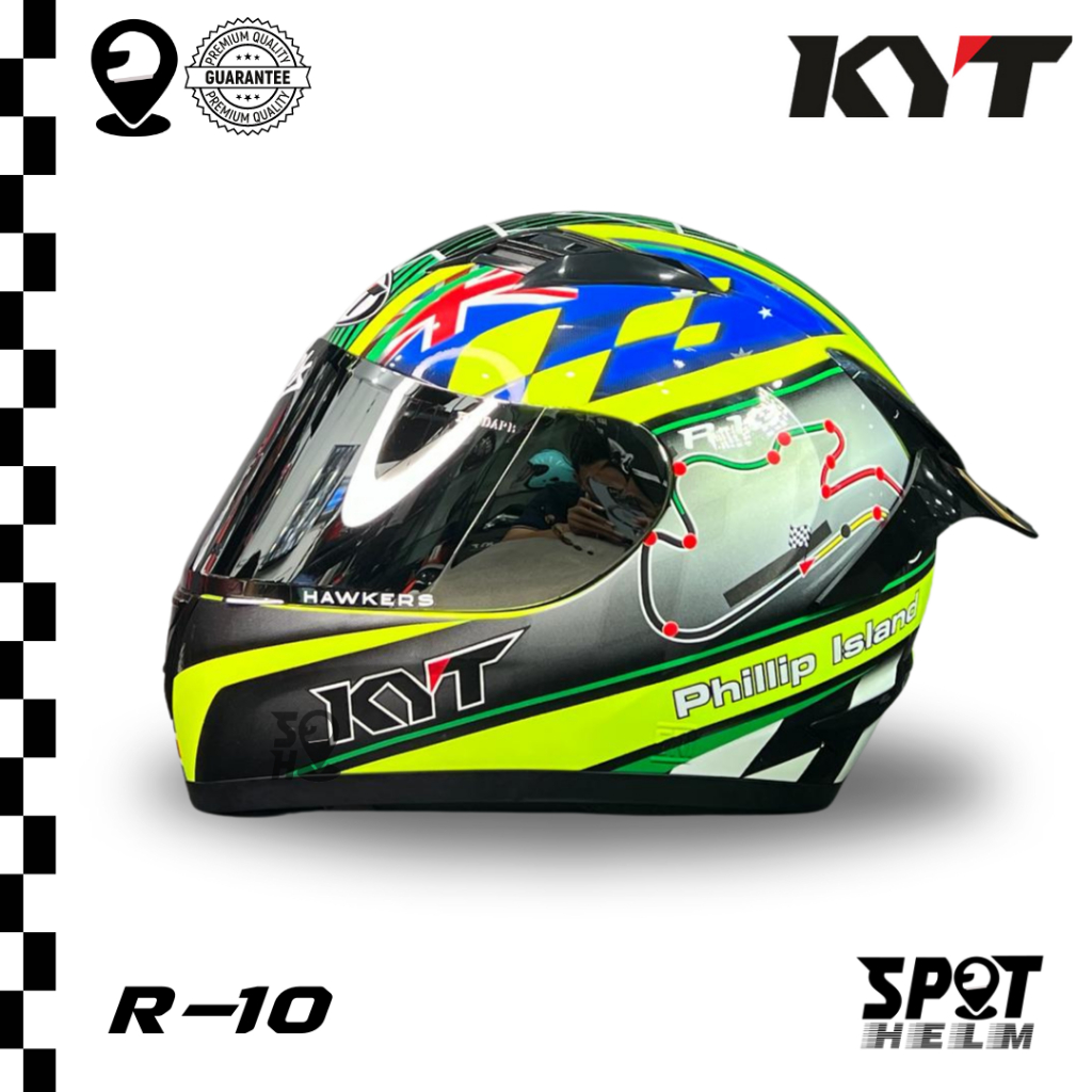HELM KYT R10 PHILIP ISLAND PAKET GANTENG FULL FACE IRIDIUM FLAT VISOR