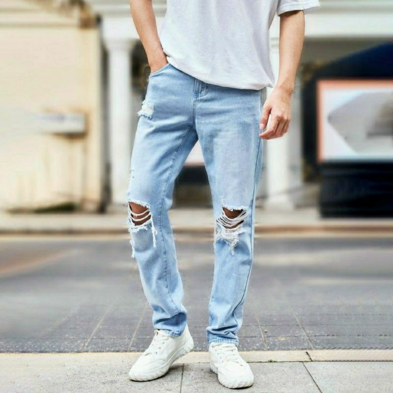 Jual Celana Sobek Pria Ripped Jeans Loose Fit Premium 27-38