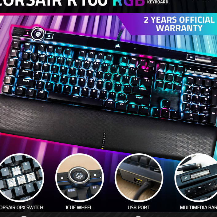 Clavier Gaming Corsair K100 RGB – Switches Optiques OPX, Disposition QWERTY UK, Noir