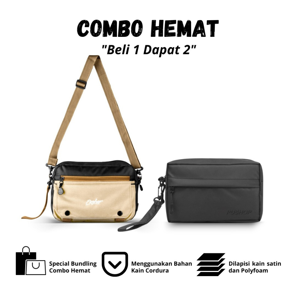PUSHOP COMBO HEMAT Buy More Save More Beli Dapat Tas Selempang Pria  Slingbag RAZO Get Tas Handbag LATTE Bahan Bimo Waterproof